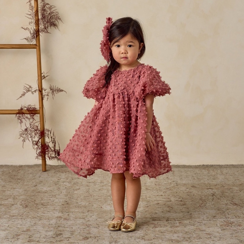 Textured Plum Toddler Dress with Puff Sleeves